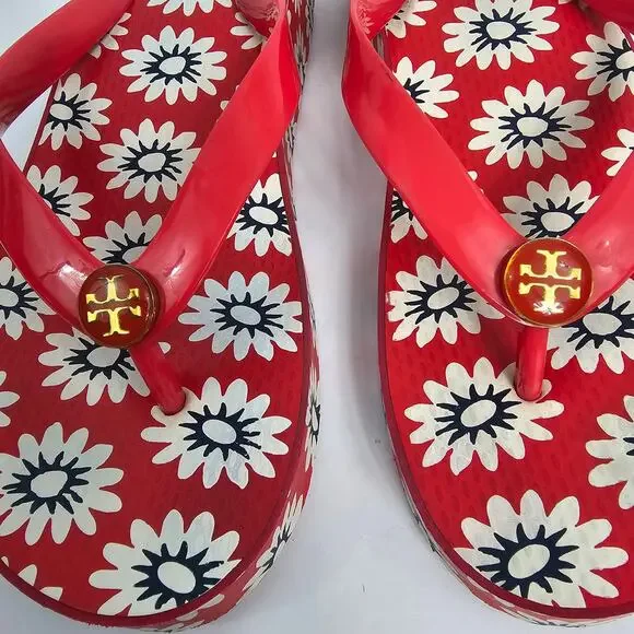 Tory Burch Red Flower Print Wedge Heel Flip Flop Sandals Women's Size Unmarked - Picture 3 of 12
